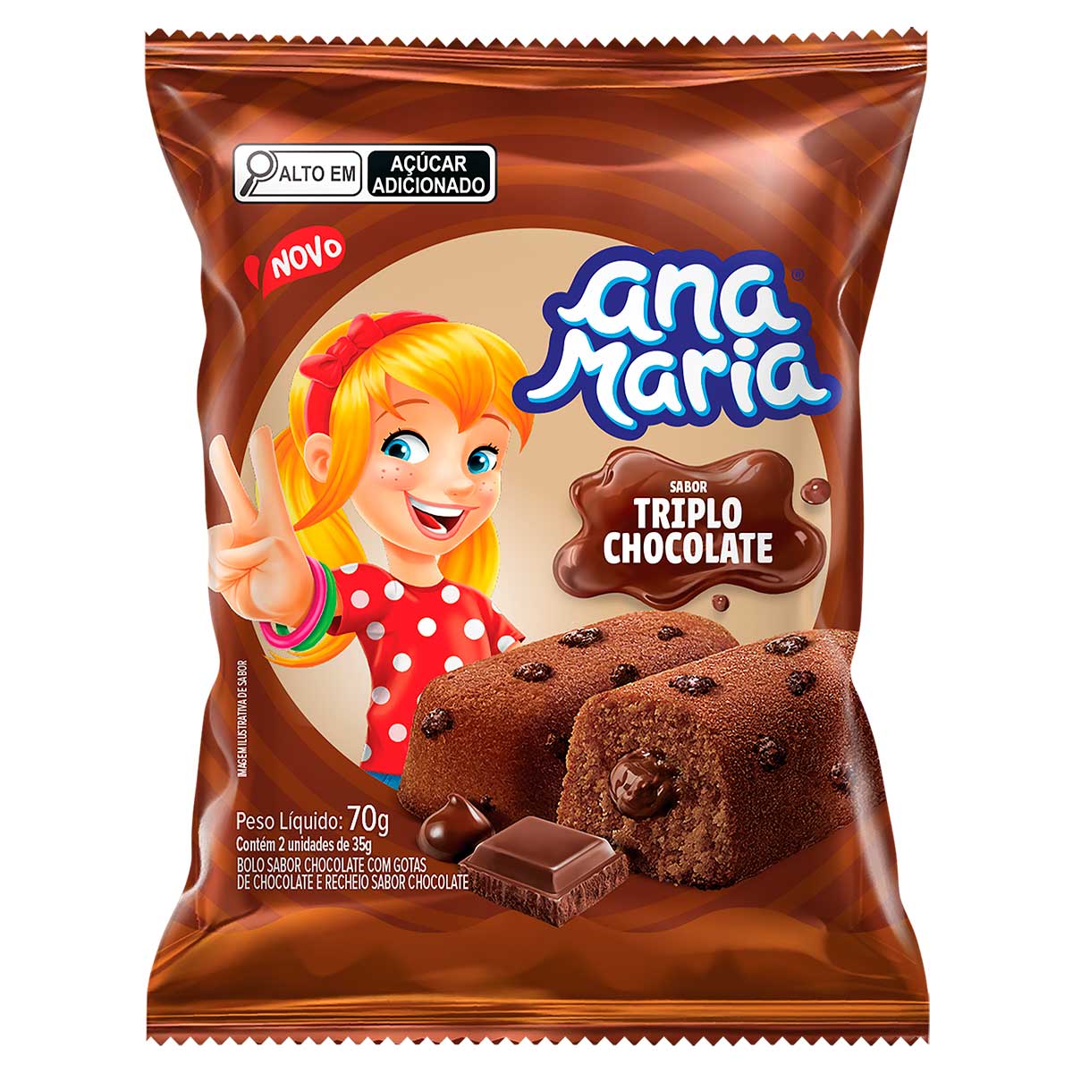 Bolo Triplo Chocolate com Gotas e Recheio Chocolate Ana Maria 70g 2 Unidades