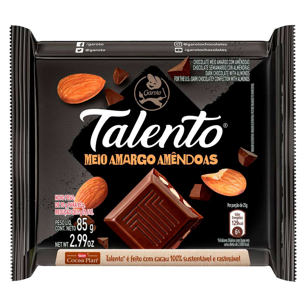 Chocolate Talento Meio Amargo com Amêndoas 85g