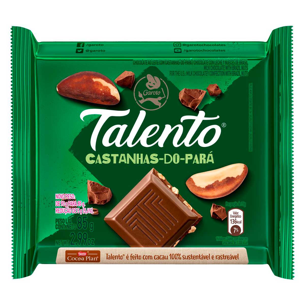 Chocolate Garoto Talento ao Leite com Castanha do Pará 85g