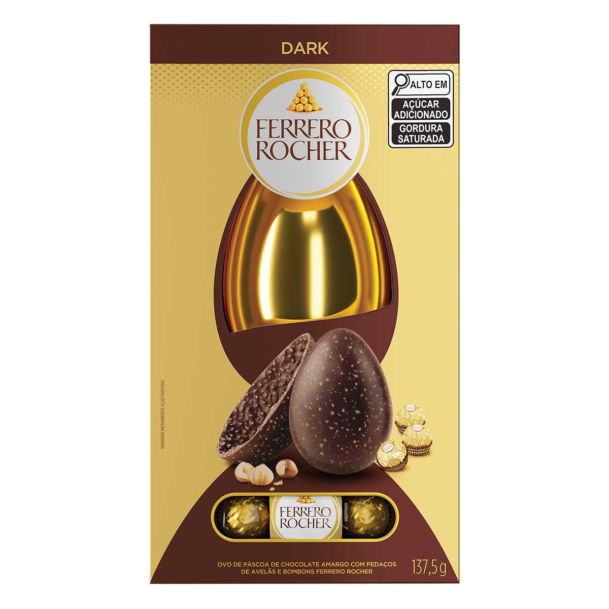 Ovo De Páscoa De Chocolate Dark Amargo Com Pedaços De Avelãs Com 3 Bombons Ferrero Rocher Caixa 137,5g