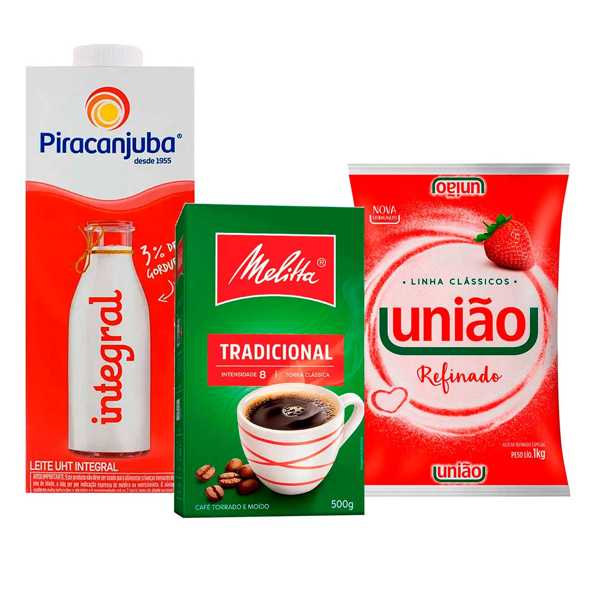 Kit Açúcar Refinado União 1kg + Café Em Pó Melitta 500g + Leite Integral Piracanjuba 1l