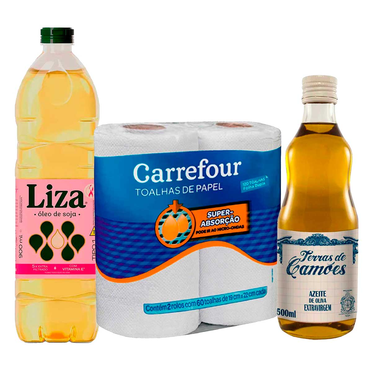 Kit Azeite Terra de Camões Extra Virgem Frutado 500ml + Óleo de Soja Liza 900ml + Papel Toalha Branco Carrefour 2 Unds