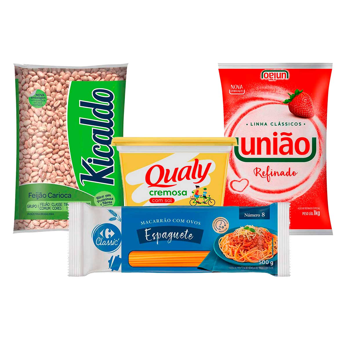 Kit Açúcar União 1kg + Margarina Com Sal Qualy 500 g + Feijão Carioca Kicaldo 1kg + Macarrão de Sêmola Com Ovos Espaguete Nº8 500g