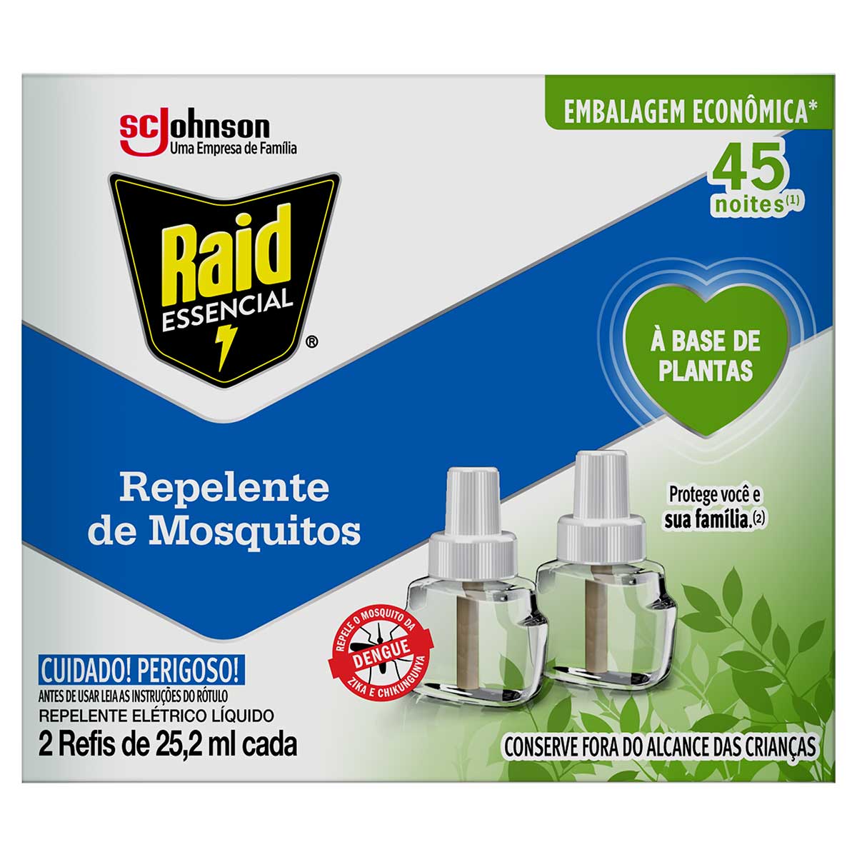 Repelente Elétrico Líquido 45 Noites à Base de Plantas Raid Essencial 2 Unidades 25,2ml Cada Refil Embalagem Econômica