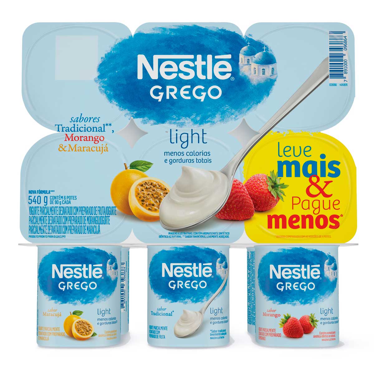 Iogurte Grego Semidesnatado Light Nestlé Tradicional, Maracujá e Morango 540g