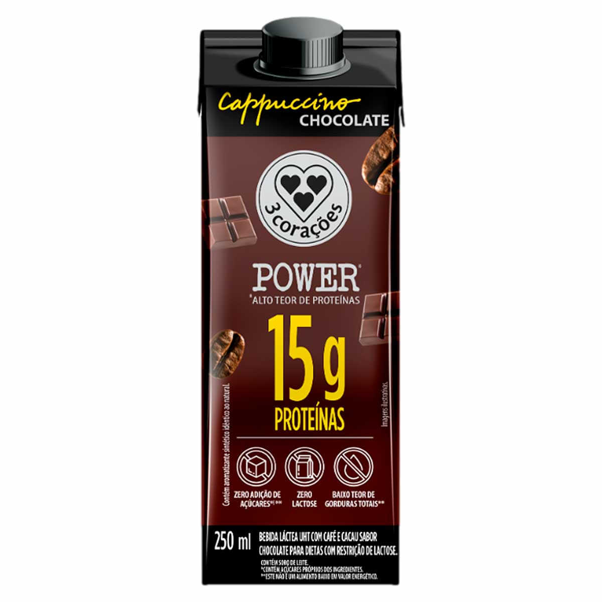 Bebida Láctea Cappuccino Chocolate com Café e Cacau 3 Corações Power Whey 250ml