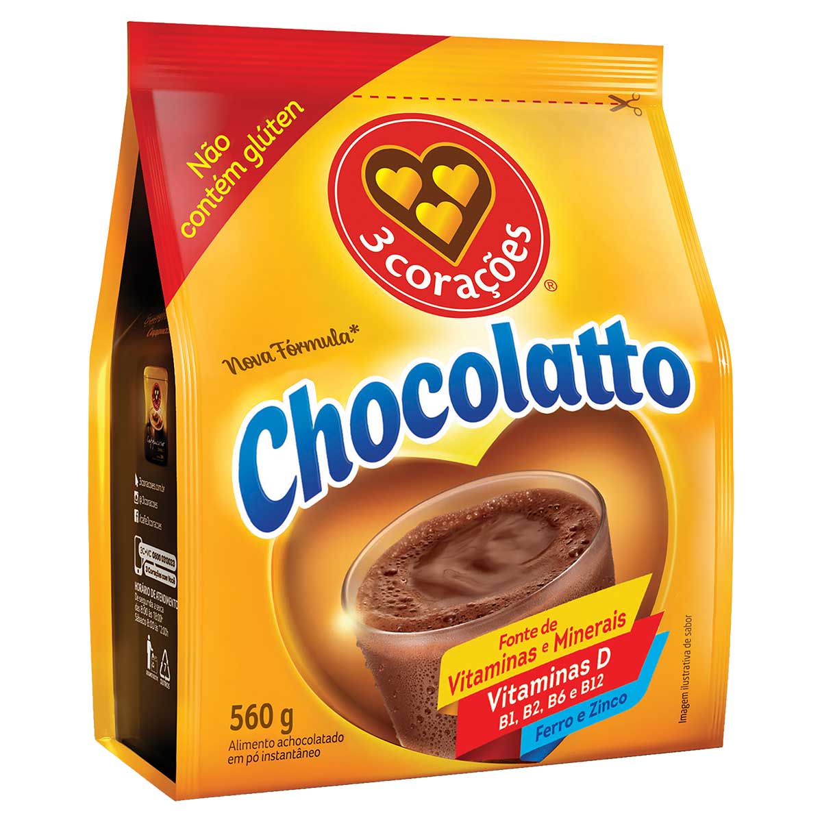 Achocolatado em Pó Instantâneo 3 Corações Chocolatto 560g