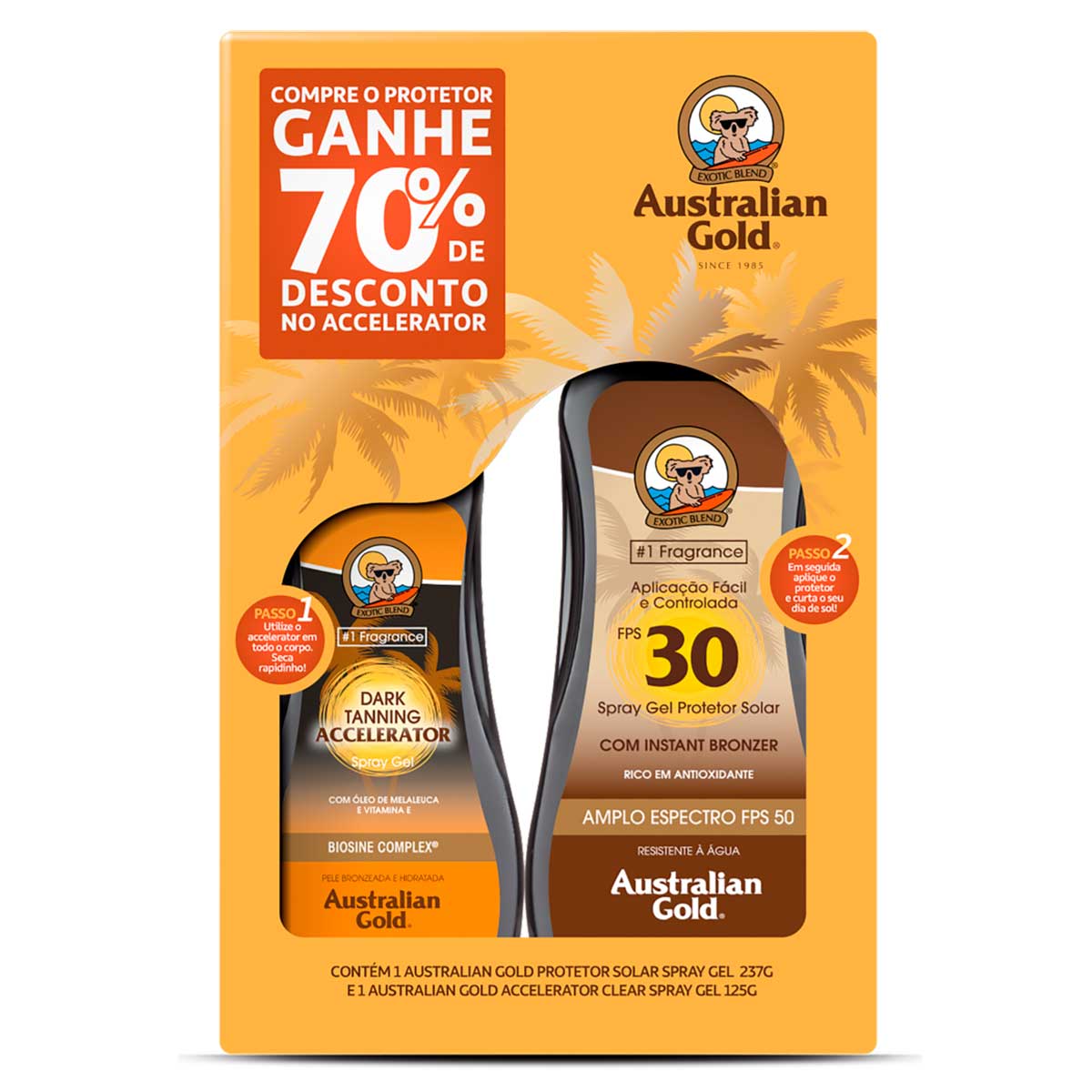 Kit Bronzeador Accelerator 125g + Protetor Solar Gel FPS 30 Australian Gold Exotic Blend 237g
