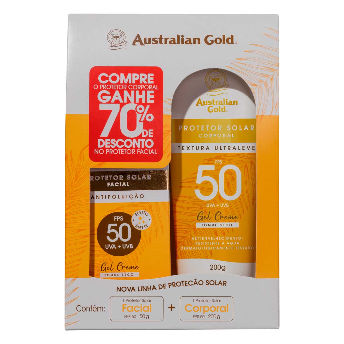 Kit Protetor Solar 200g + Protetor Solar Facial Gel Creme Toque Seco FPS 50 50g Australian Gold