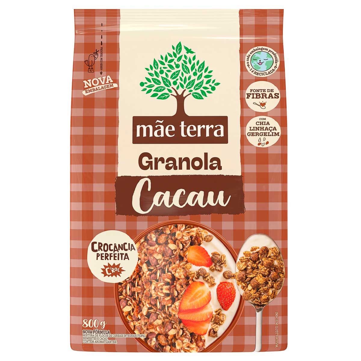 Granola de Cereais Integrais, Sementes Chia, Linhaça, Gergelim e Cacau Mãe Terra 800g