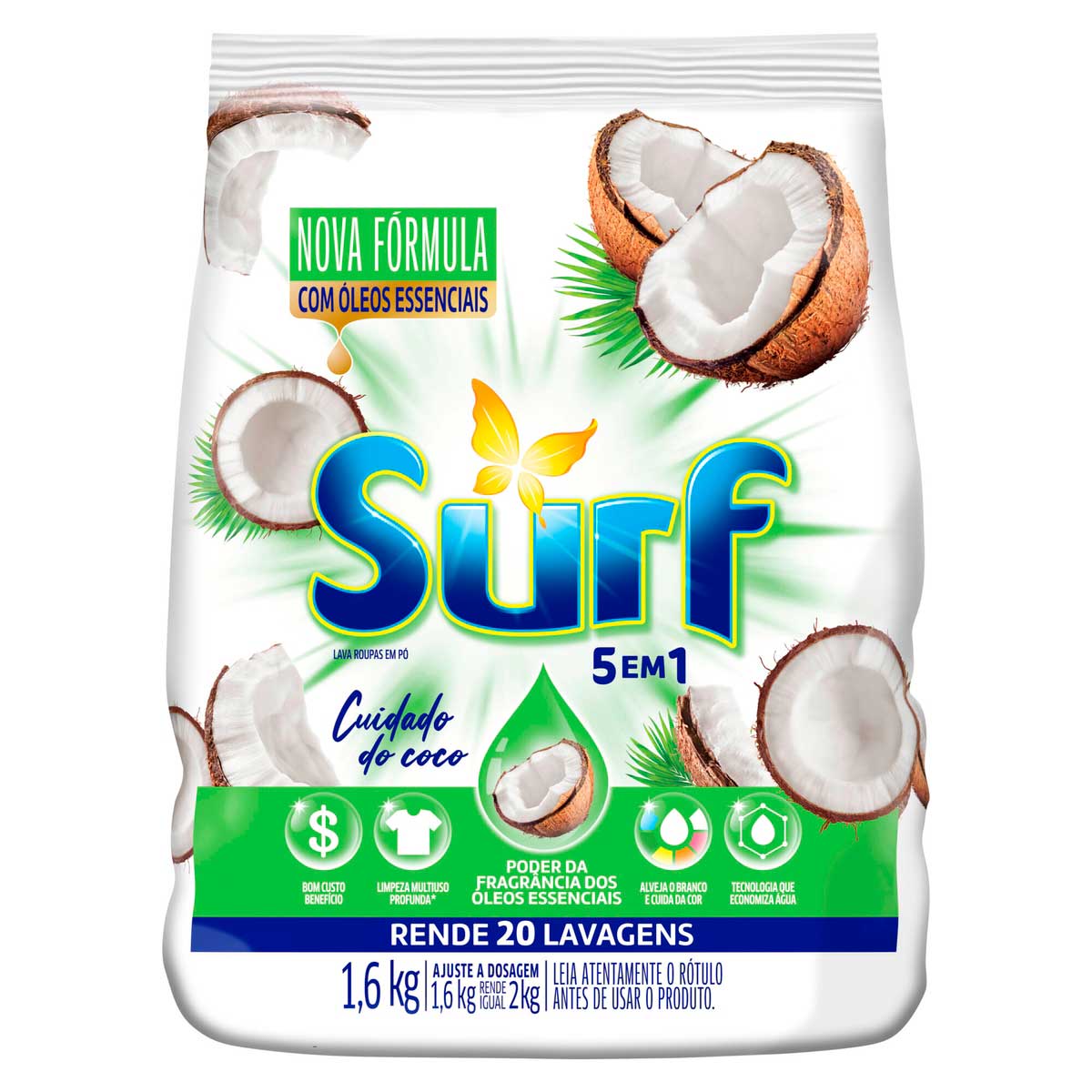 Lava Roupas Sanitizante em Pó Surf 5 em 1 Cuidado do Coco 1, 6 Kg