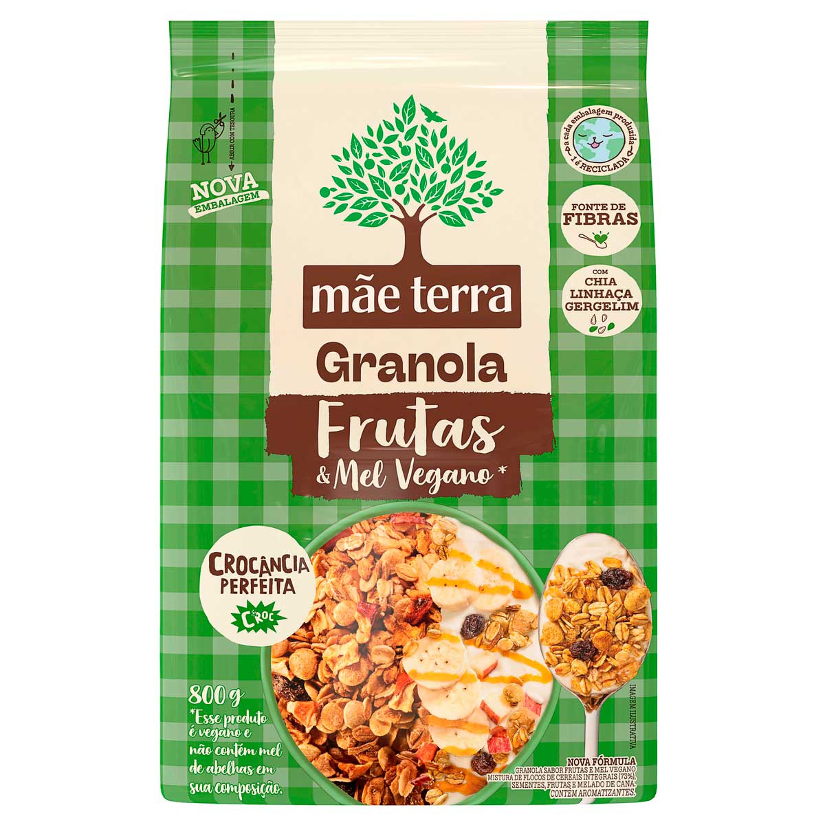 Granola de Cereais Integrais, Sementes Chia, Linhaça e Gergelim, Frutas, Mel Vegano Melado de Cana Mãe Terra 800g