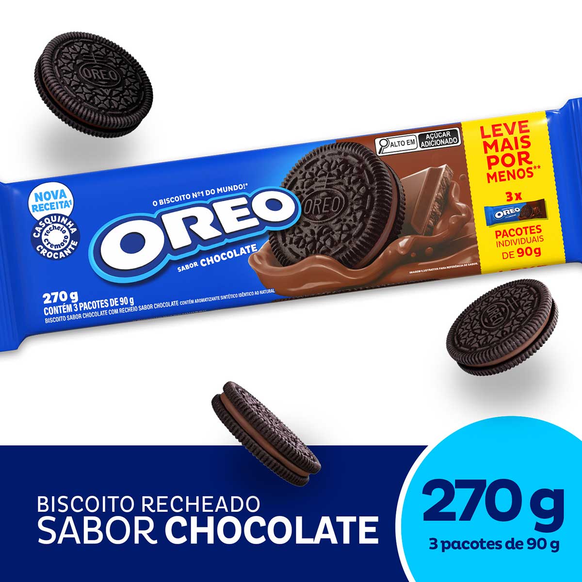 Biscoito recheado Oreo chocolate embalagem econômica multipack 270g