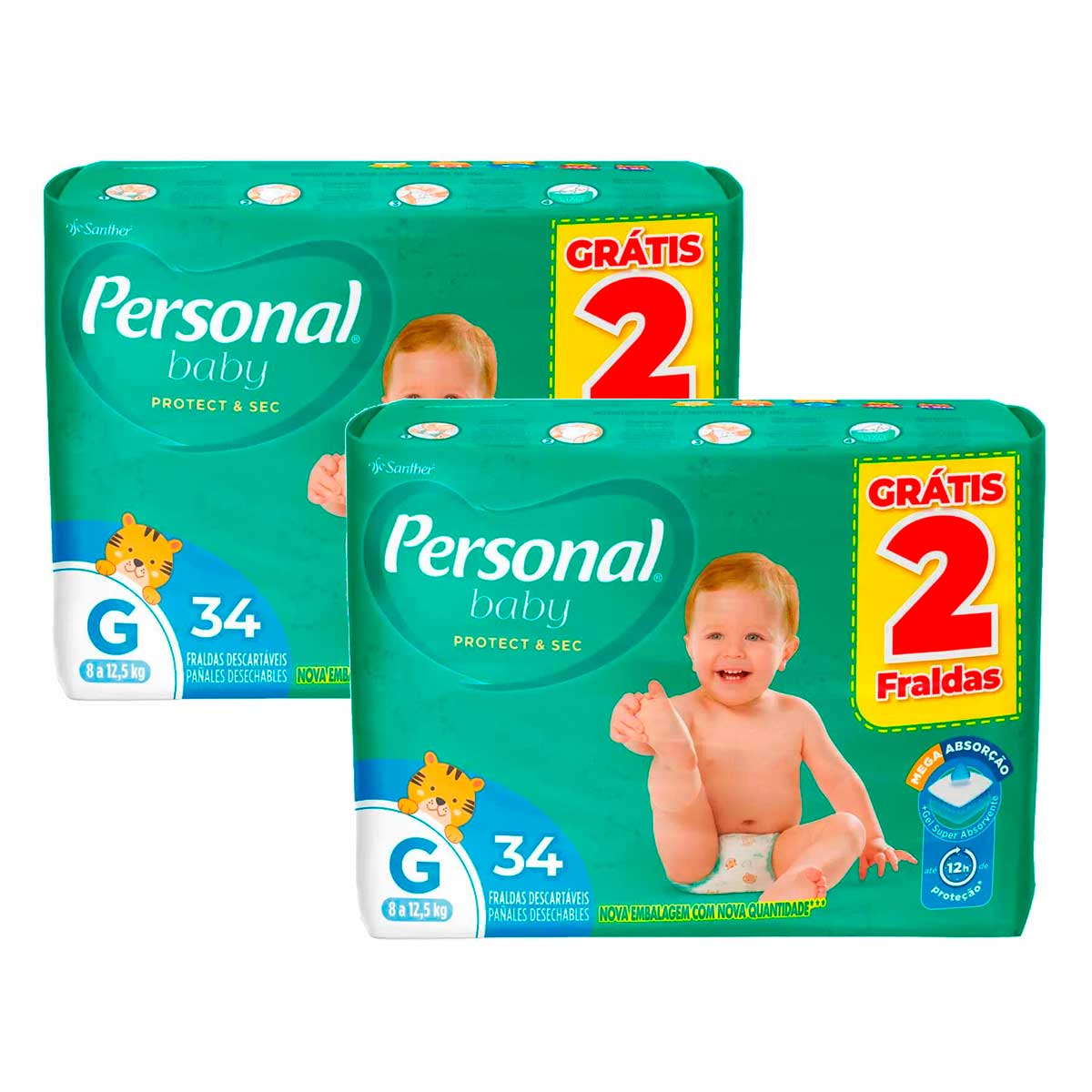 Fralda Descartável Infantil Personal Baby Protect & Sec G 34 Unidades Grátis 2 Fraldas 2 Unidades