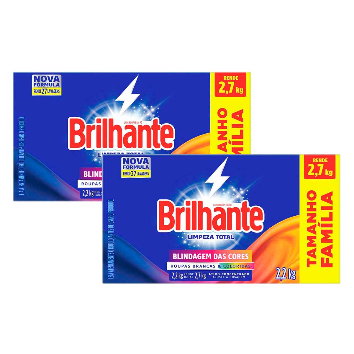 Sabão em Pó Brilhante Limpeza Total 2,2Kg Tamanho Família 2 Unidades