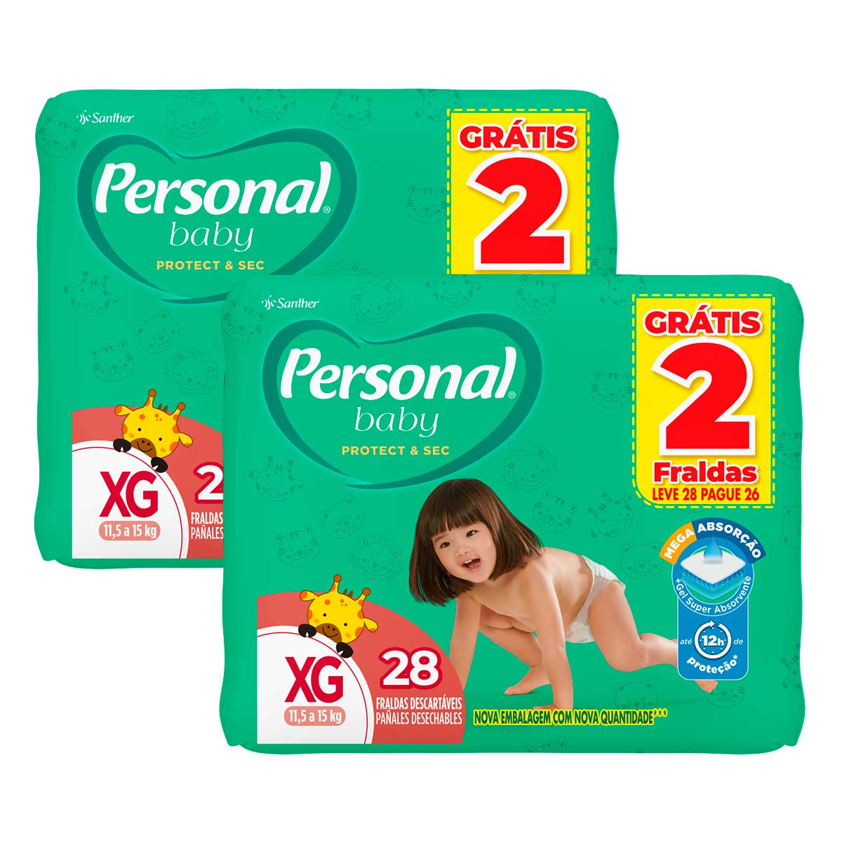 Fralda Descartável Infantil Personal Baby Protect & Sec XG Leve 28 Pague 26 Unidades 2 Unidades