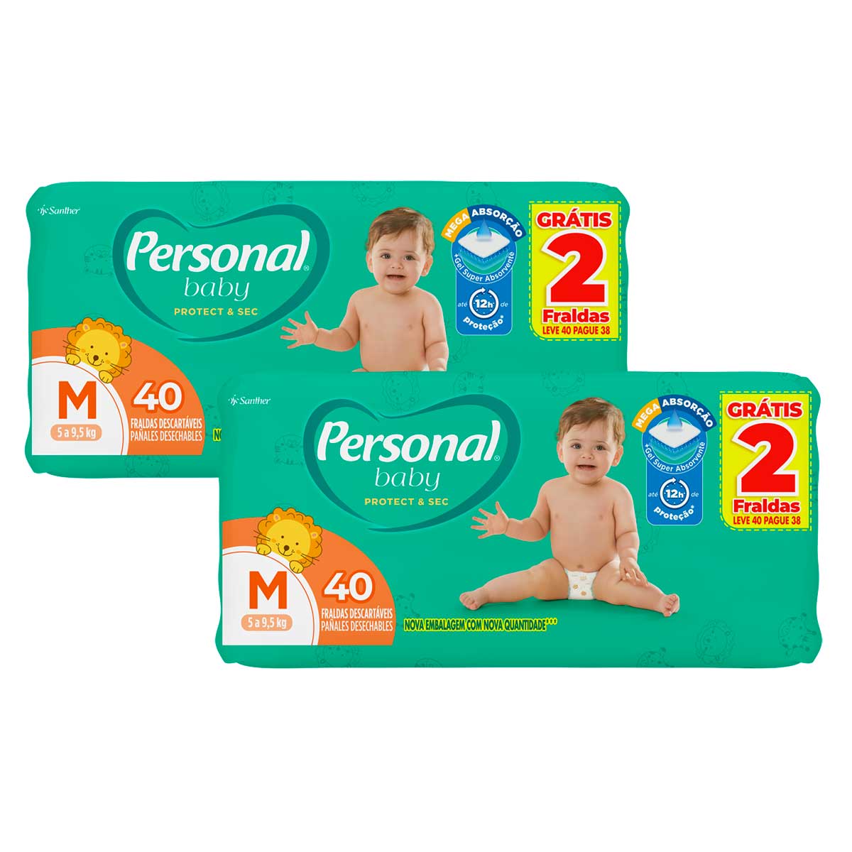 Fralda Descartável Infantil Personal Baby Protect & Sec M Leve 40 Pague 38 Unidades 2 Unidades