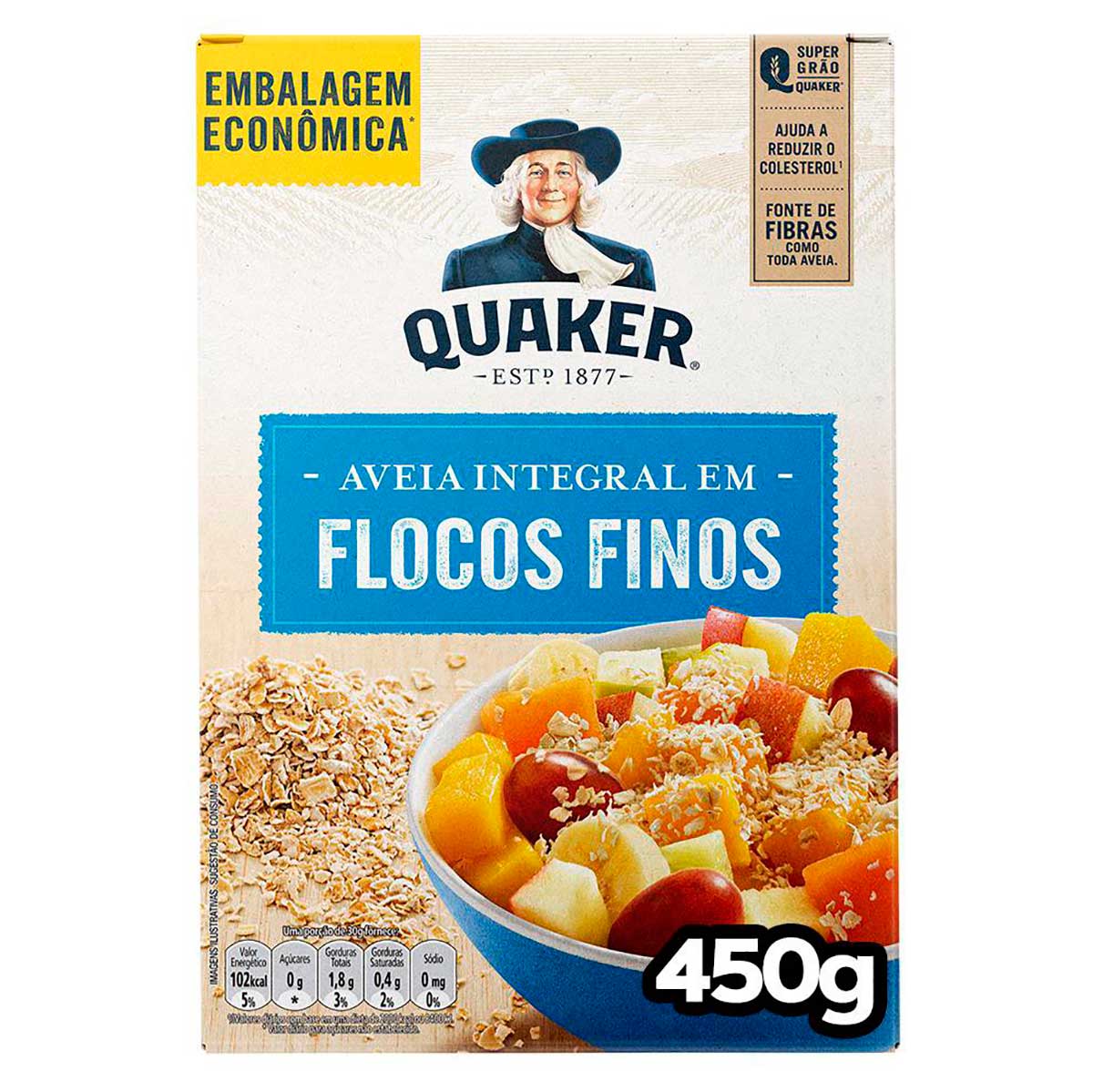 Aveia em Flocos Finos Quaker Caixa 450g Embalagem Econômica