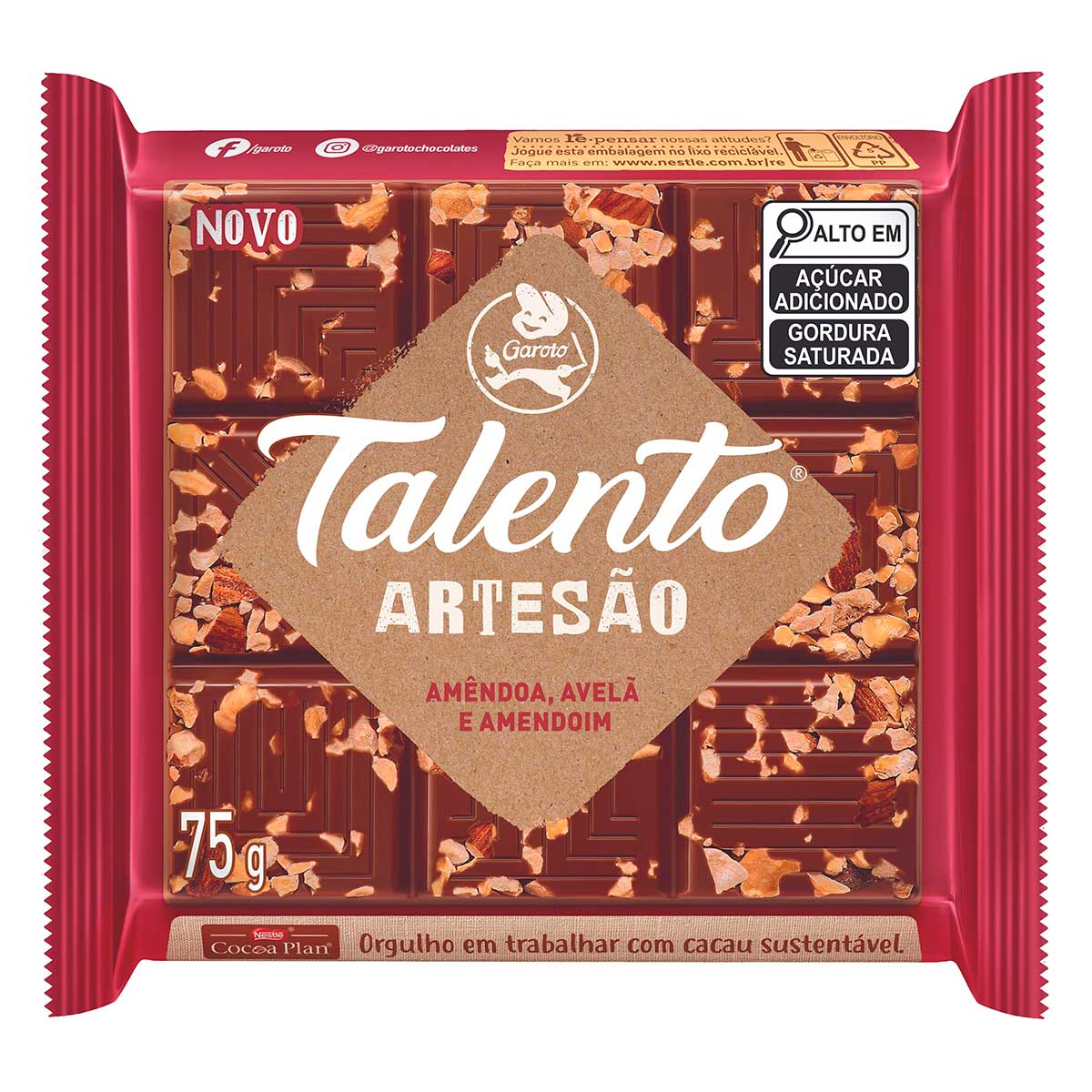 Chocolate ao Leite com Amêndoa, Avelã e Amendoim Garoto Talento Artesão 75g