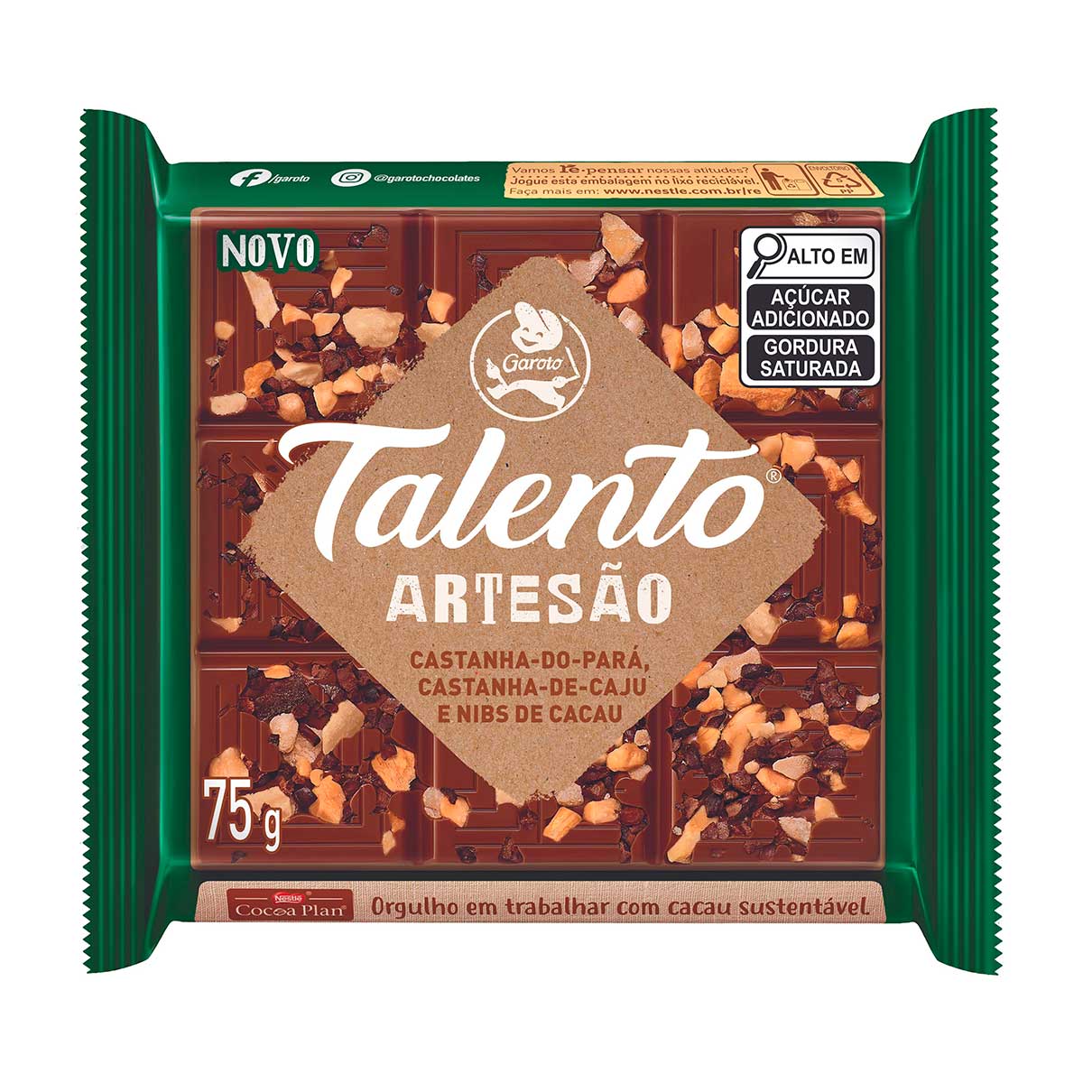 Chocolate Talento Artesão Castanha de Caju, Castanha do Pará e Nibs de Cacau 75g