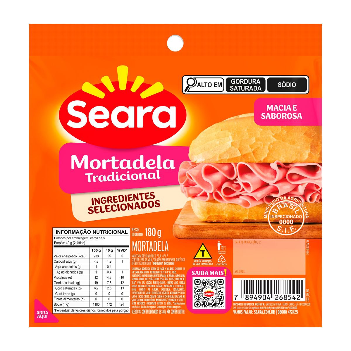Mortadela tradicional fatiada Seara 180g