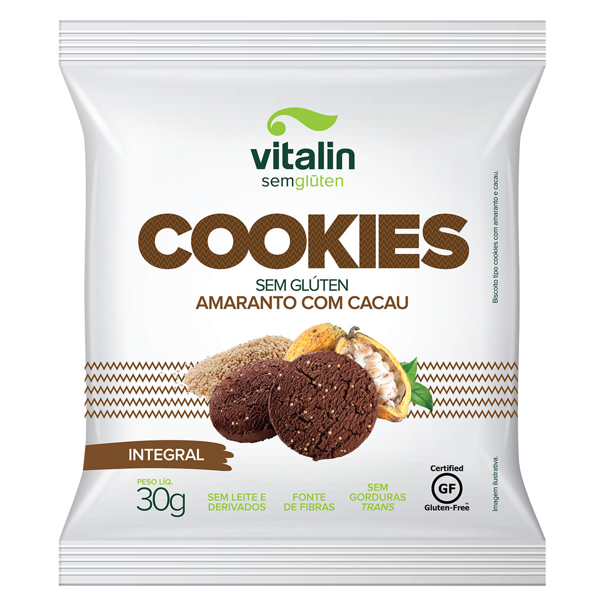 Biscoito Cookie Integral Amaranto com Cacau sem Glúten Vitalin 30g