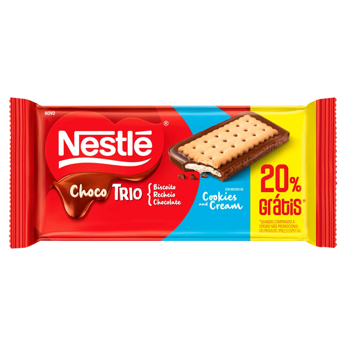 Chocolate ao Leite com Recheio Cookies and Cream com Biscoito Chocolate e Baunilha Nestlé Choco Trio 90g Grátis 20% Preço Especial