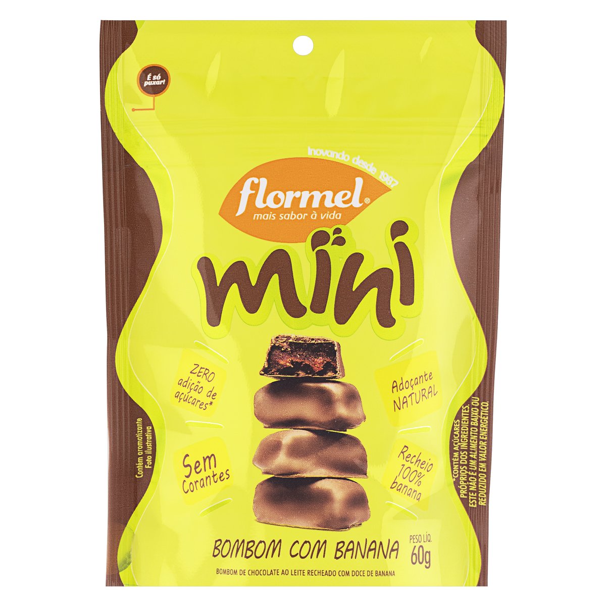 Mini Bombom de Chocolate ao Leite Recheio Banana Zero Açúcar Flormel 60g