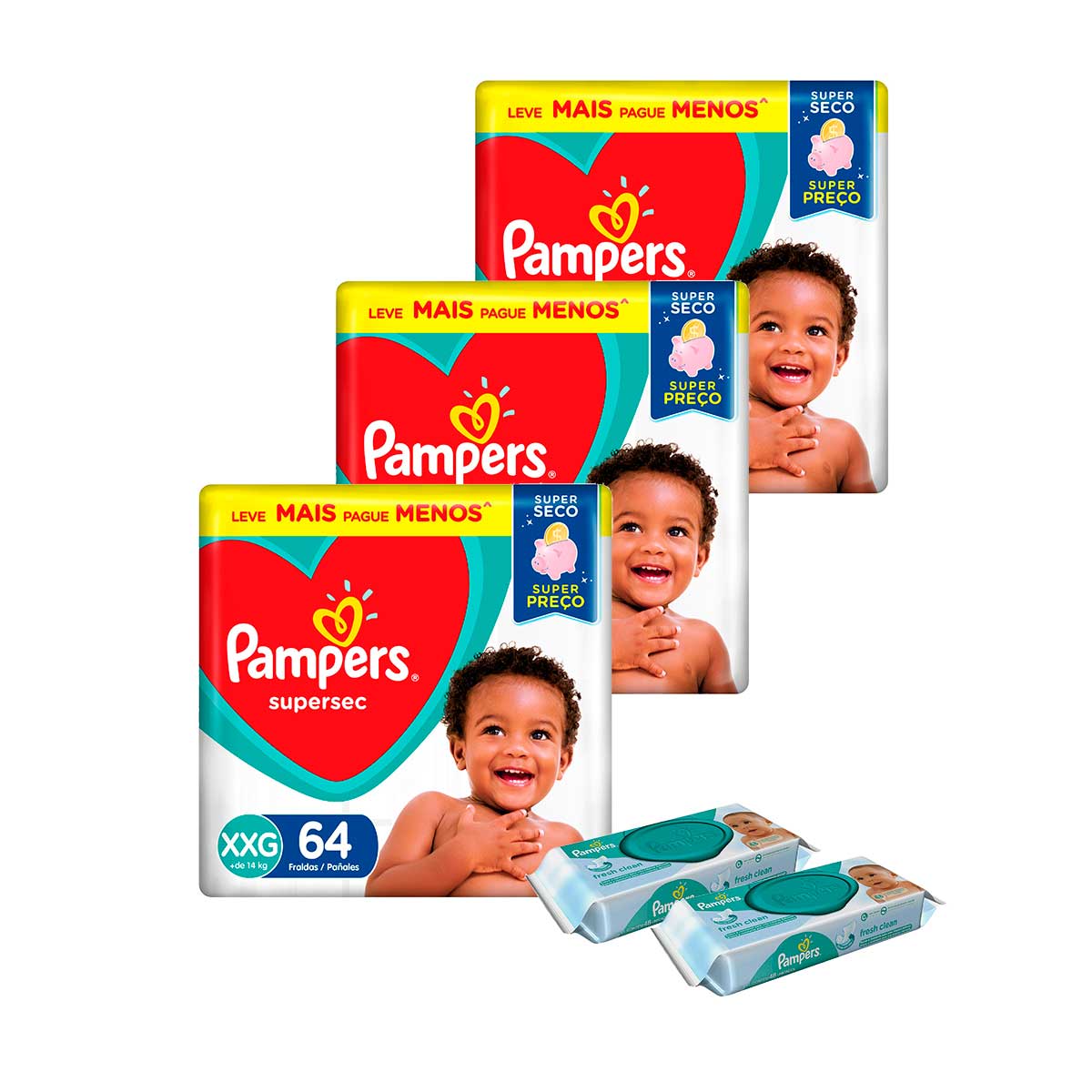 Kit Pampers - Fralda Supersec Jumbo XXG 192 Unidades + Lenço Umedecido Fresh Clean 96 Unidades