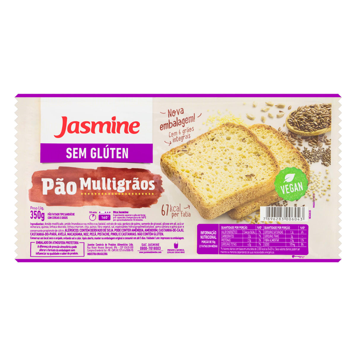 Pão de Sanduíche Multigrãos sem Glúten Jasmine Pacote 350g