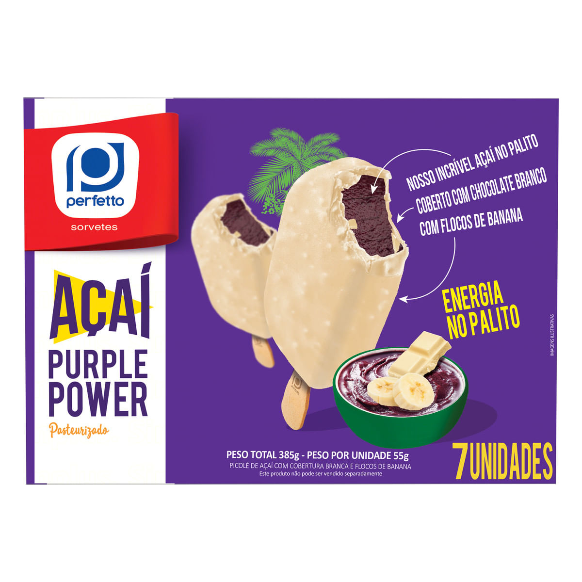 Pack Picolé Açaí Cobertura Chocolate Branco com Flocos de Banana Perfetto Purple Power Caixa 385 g 7 Unidades