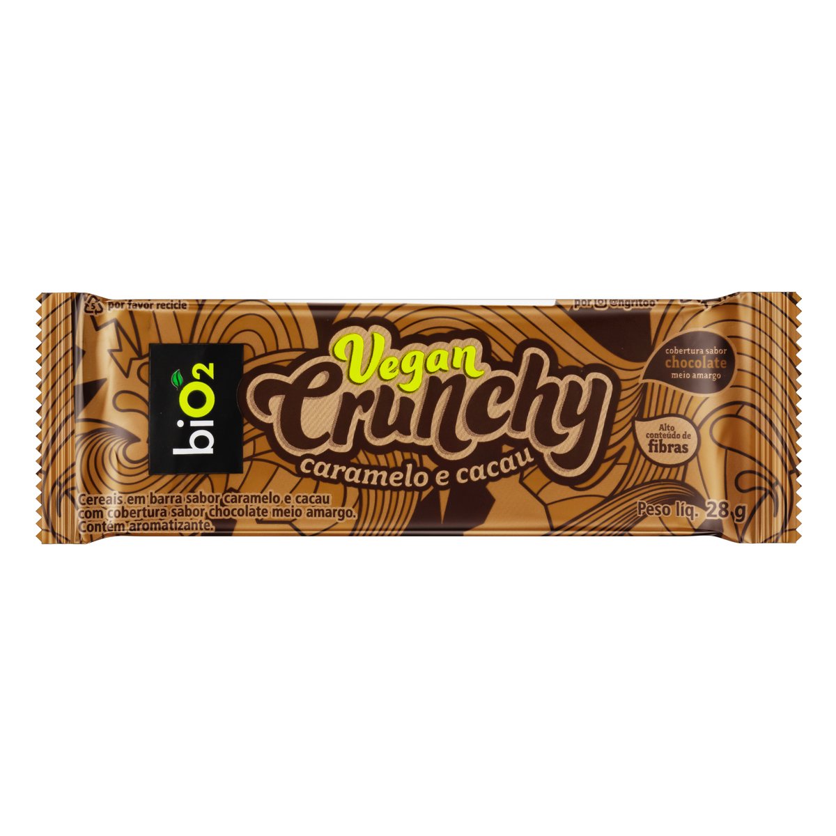 Barra de Cereal Caramelo e Cacau Cobertura Chocolate Meio Amargo biO2 Vegan Crunchy Pacote 28 g