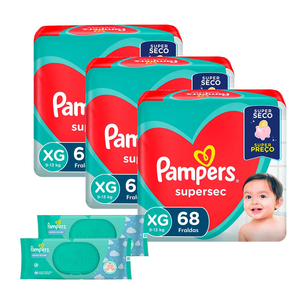 Kit Pampers - Fralda Supersec Jumbo XG 204 Unidades + Lenço Umedecido Fresh Clean 96 Unidades