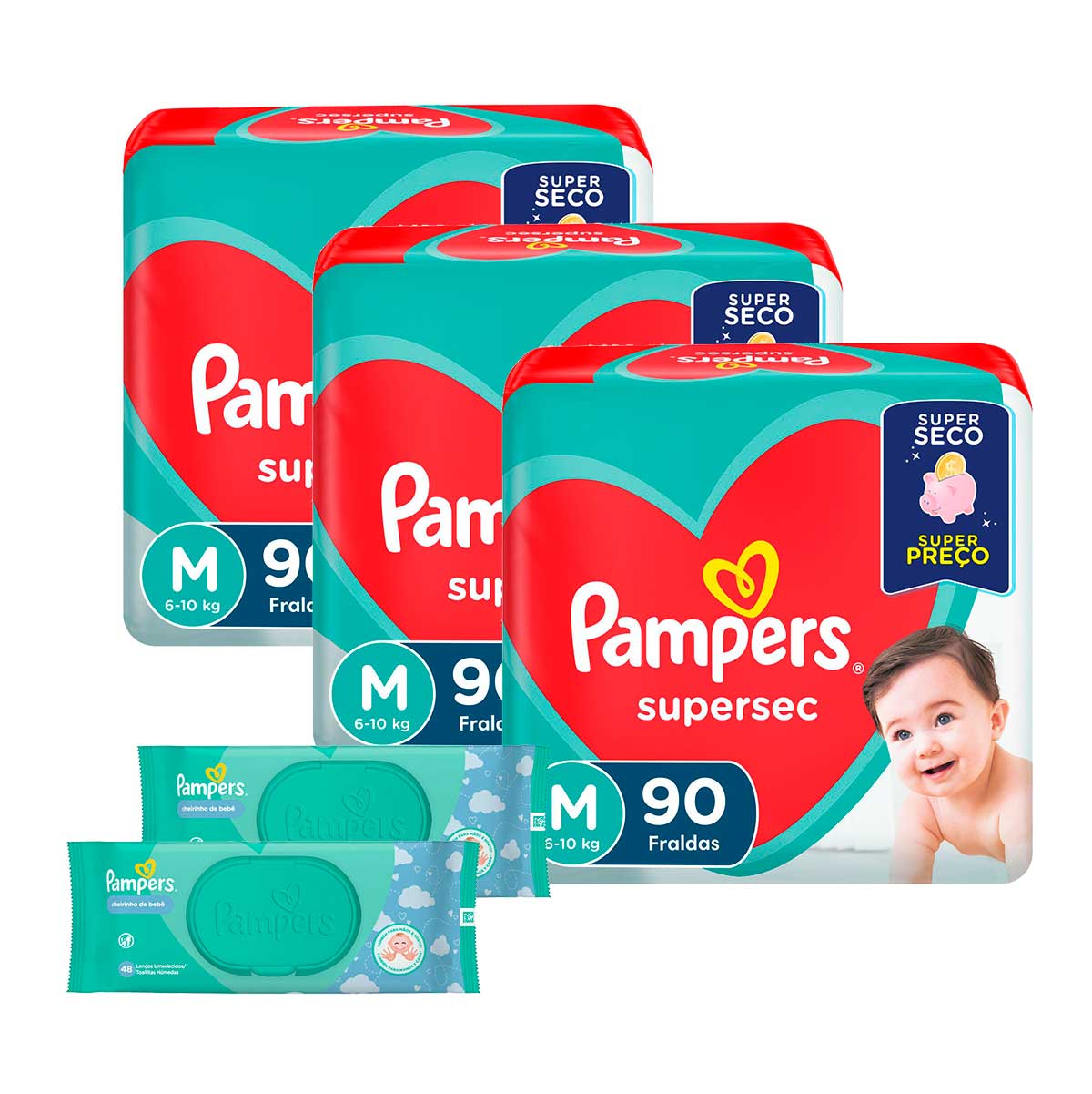 Kit Pampers - Fralda Supersec Jumbo P 270 Unidades + Lenço Umedecido Fresh Clean 96 Unidades