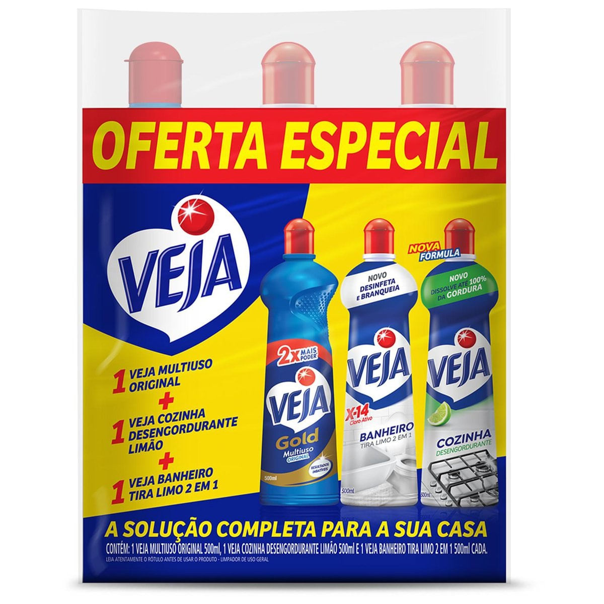 Kit Veja 1 Limpadores Multiuso Original 500ml + 1 Limpador Cozinha Desengordurante Limão 500ml + 1 Limpador Banheiro Tira Limo 500ml