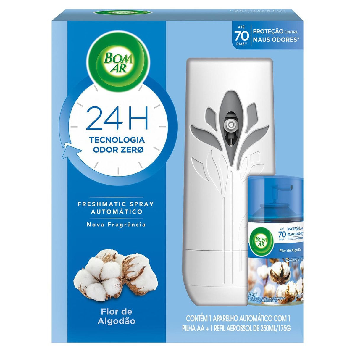 Aromatizador de Ambiente Bom Ar Automático Aerossol Freshmatic Flor de Algodão Aparelho + Refil 250ml