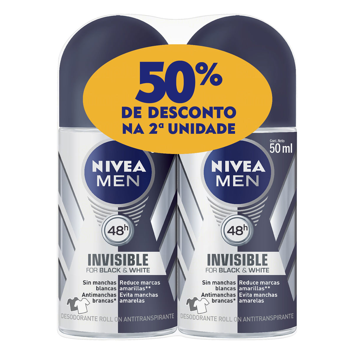 Pack Desodorante Antitranspirante Roll-On Nivea Invisible Black & White Men 2 Unidades 50 ml Cada Grátis 50% de Desconto na 2ª Unidade