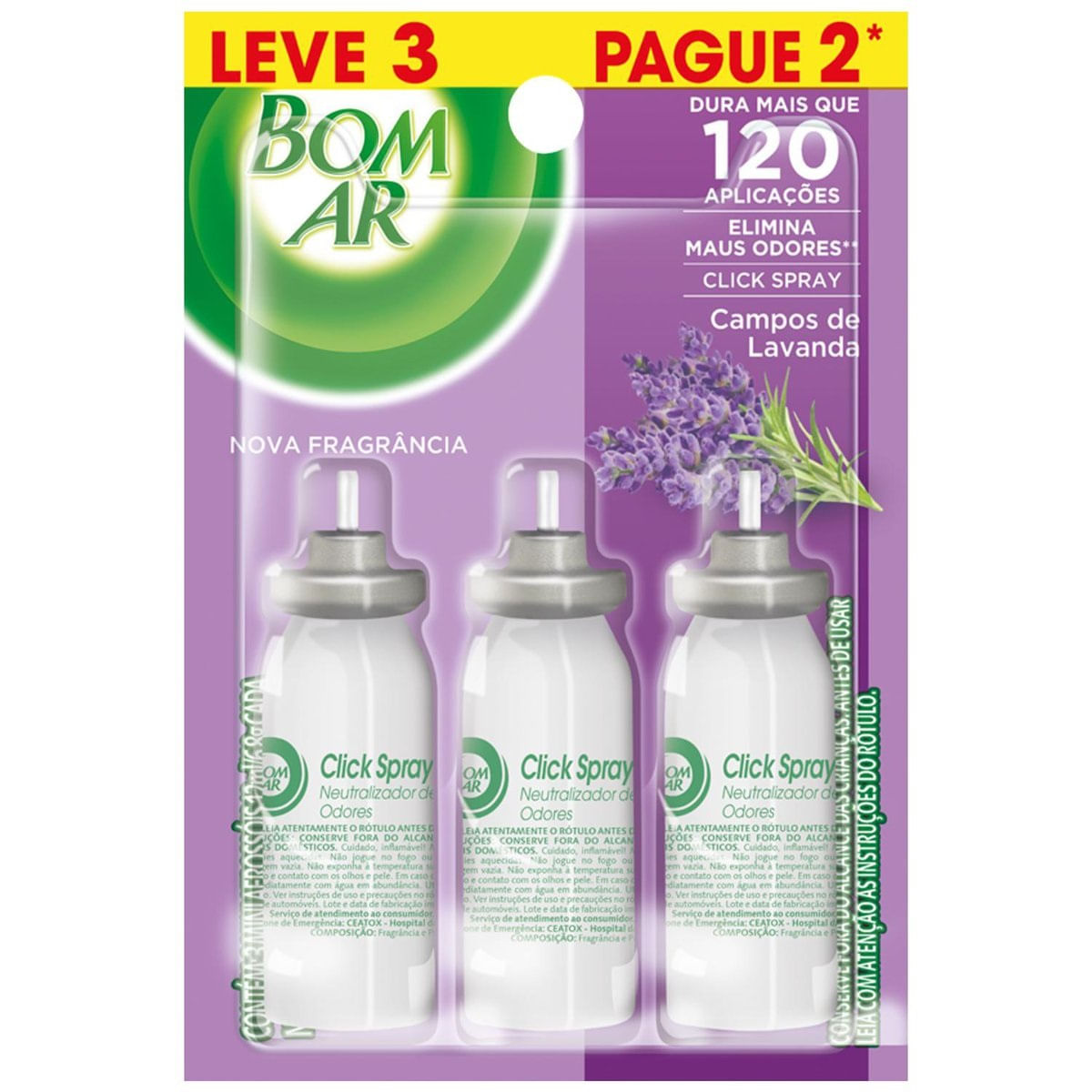 Aromatizador Bom Ar Click Spray Refil Leve 3 Pague 2 Campos de Lavanda