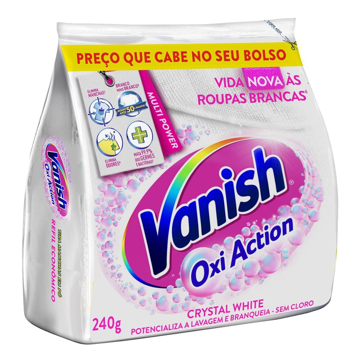 Tira Manchas em Pó Vanish Crystal White Oxi Action para roupas brancas 240g