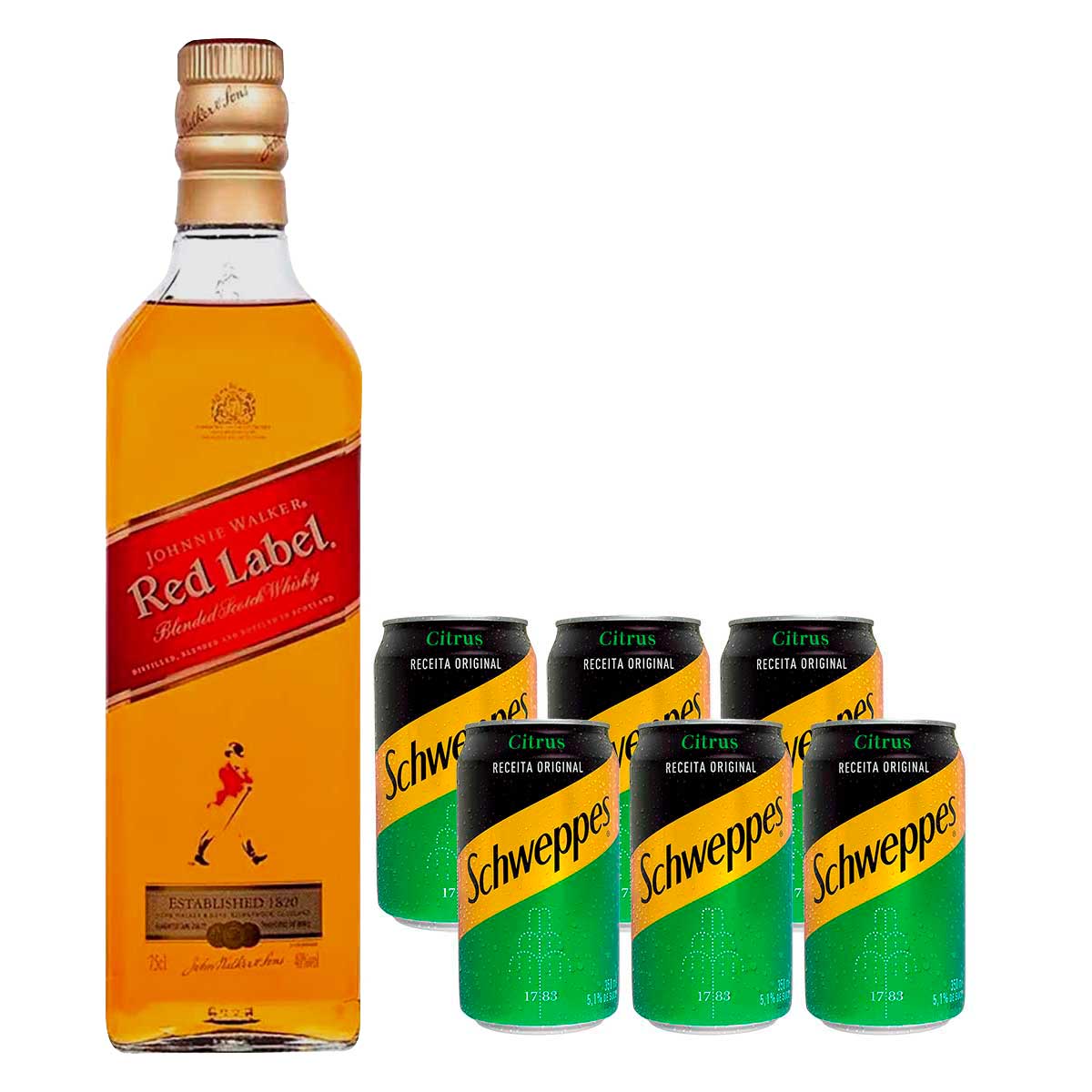 Whisky Johnnie Walker Red Label 750 ml + 6 Tônicas Schweppes Citrus Lata 350 ml