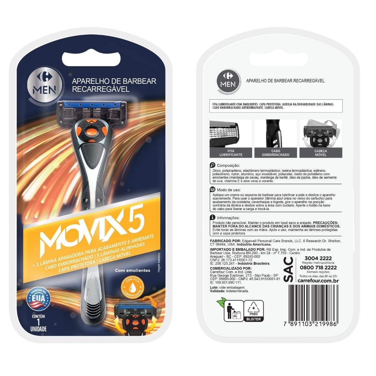 Aparelho de Barbear Recarregável Carrefour Men Movix5 5Lâmina 1 unidade