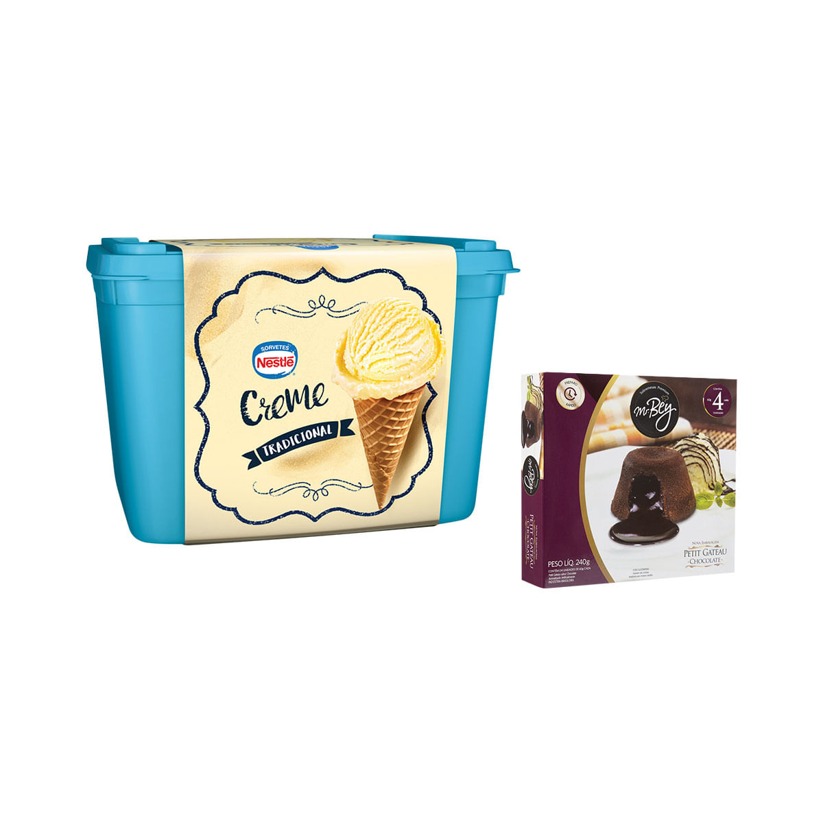 Petit Gateau Congelado Chocolate Mr Bey Premium 4 Unidades + Sorvete de Creme Nestlé 1,5L