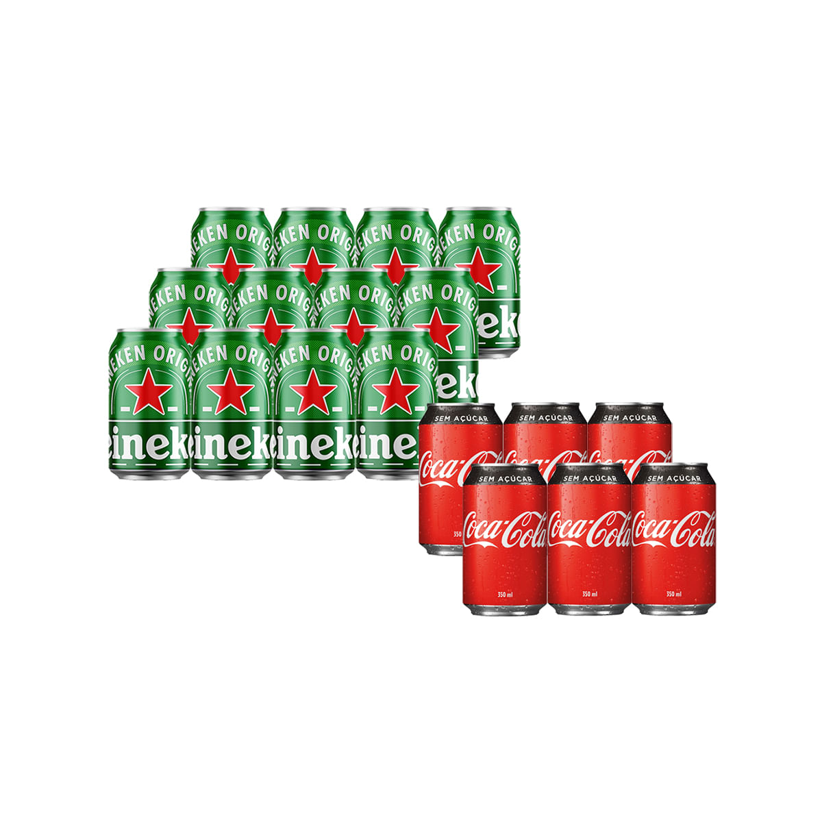 Combo Pack 6 unid Coca-Cola sem açúcar lata 350ml + Pack 12 unid Cerveja Heineken lata 350ml