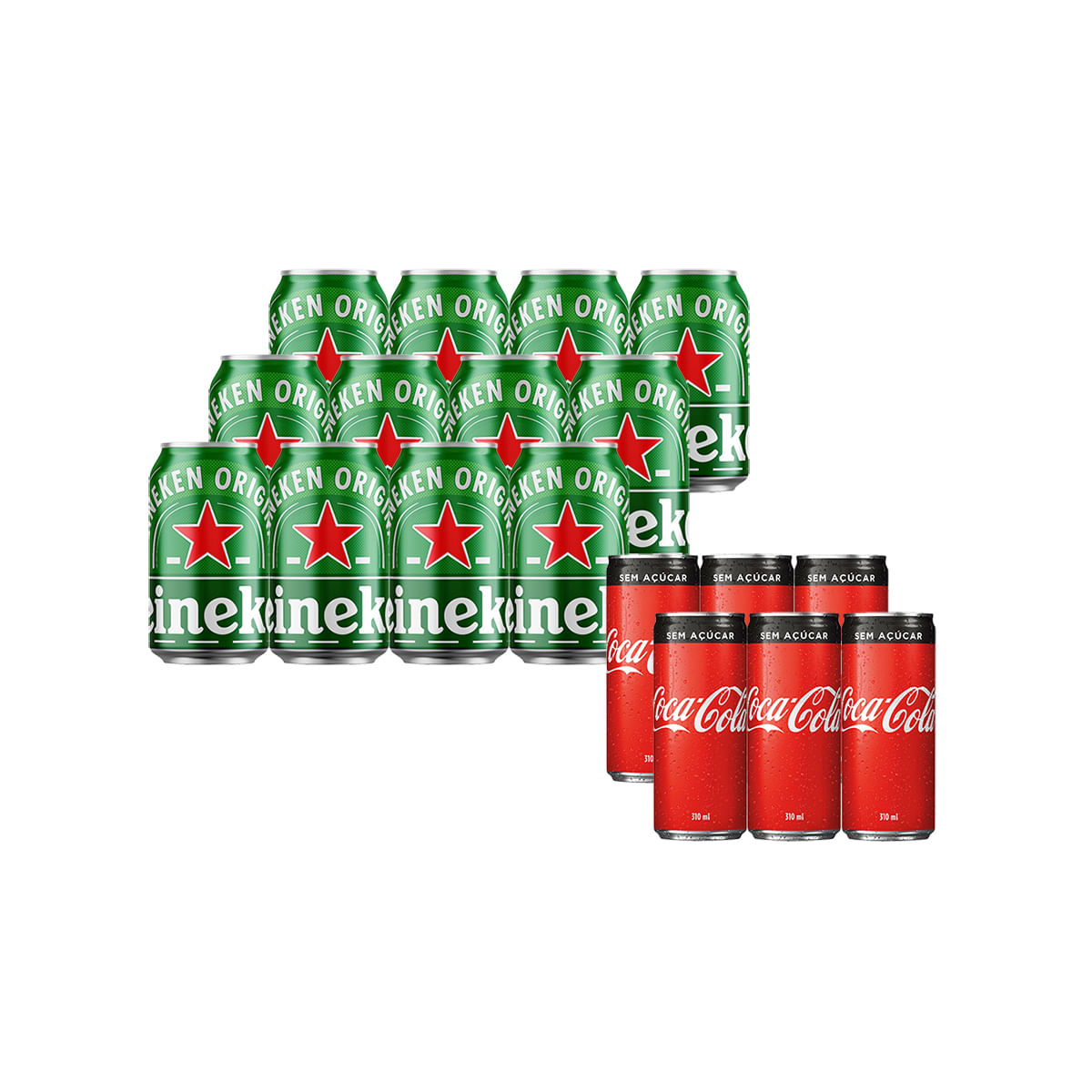 Combo Pack 6 unid Coca-Cola sem açúcar lata 310ml + Pack 12 unid Cerveja Heineken lata 350ml