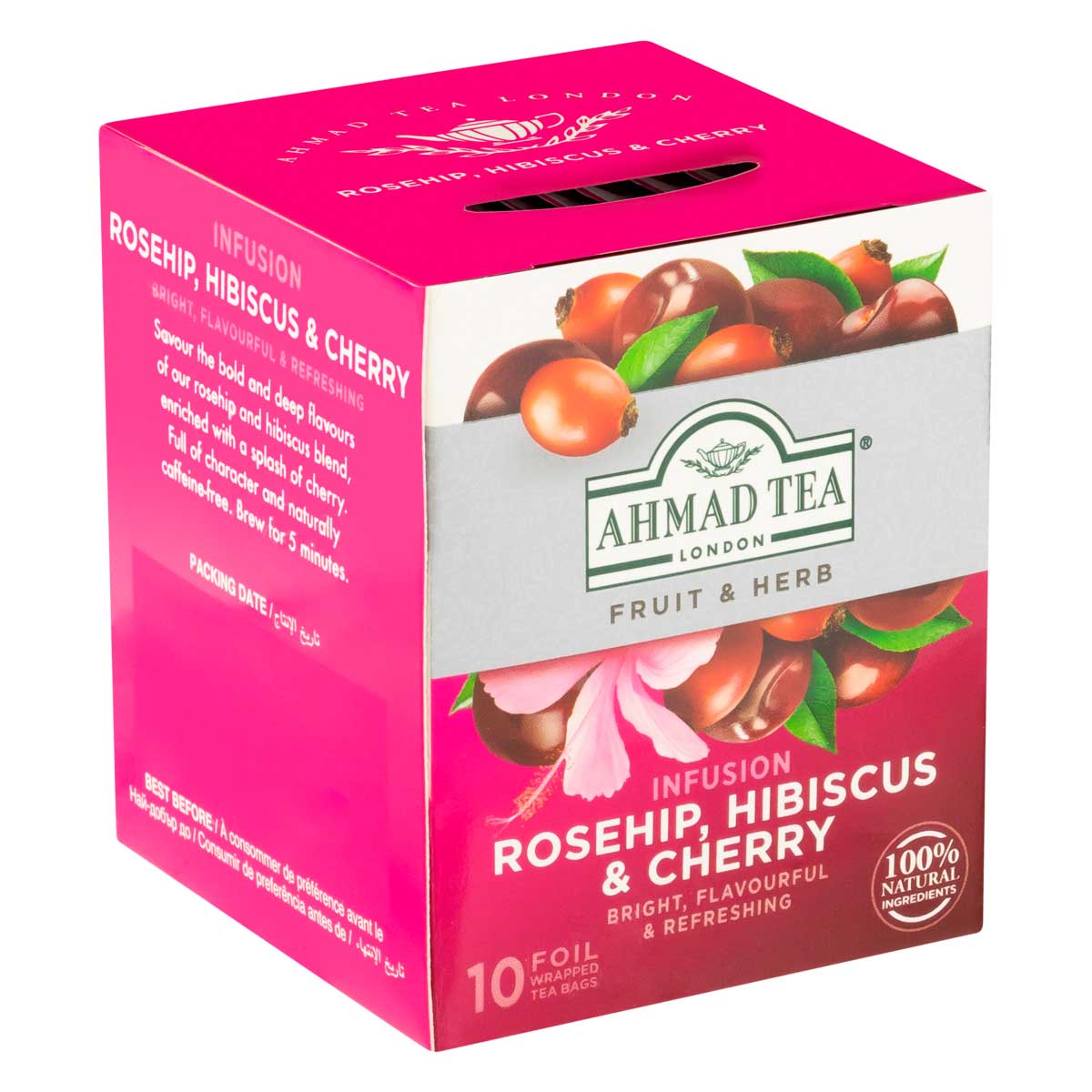 Chá Sabor Rosa Silvestre, Hibisco e Cereja Ahmad Tea London Fruit & Herb Caixa com 10 Sachês