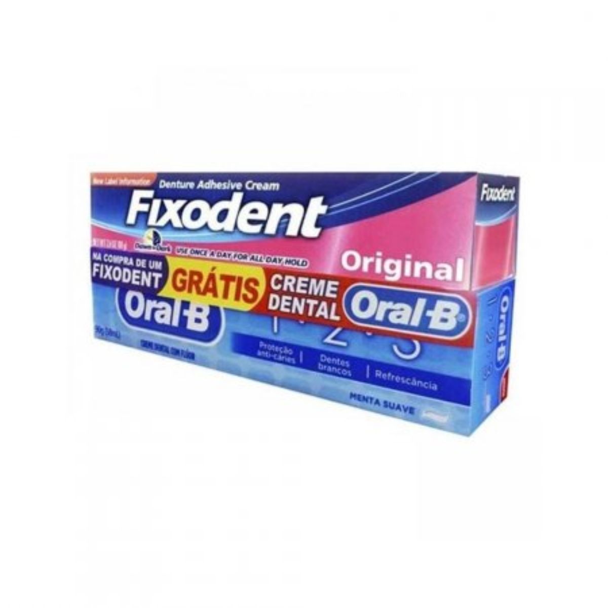 Kit Creme Fixador De Dentadura Fixodent Original Com 68g + Creme Dental Oral-B Grátis Com 90g