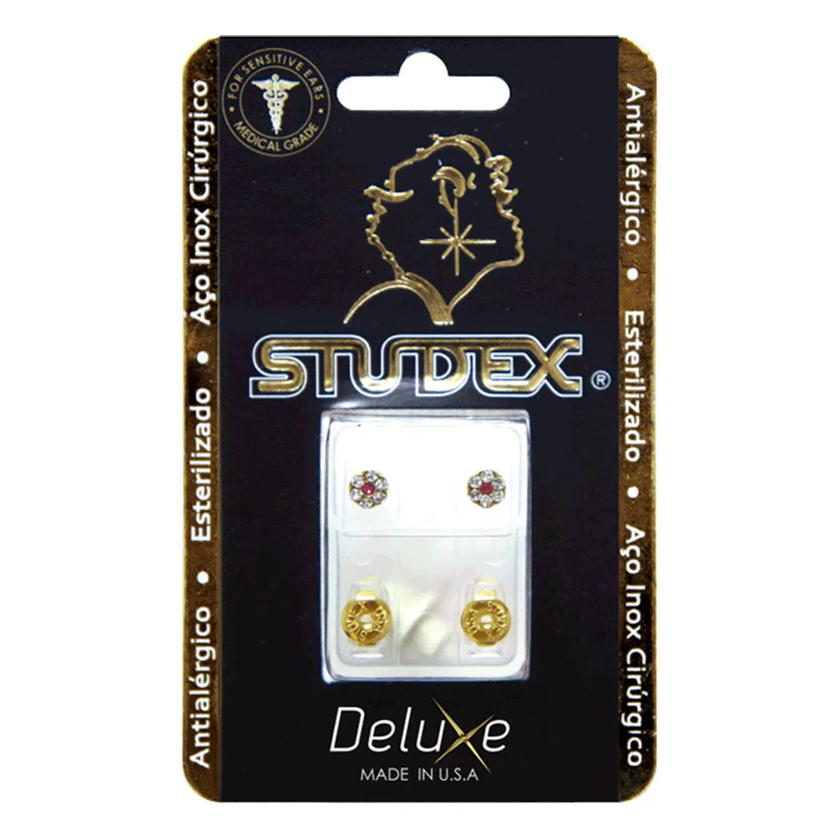Brinco Daisy Cristal Rosa Dourado Studex Deluxe