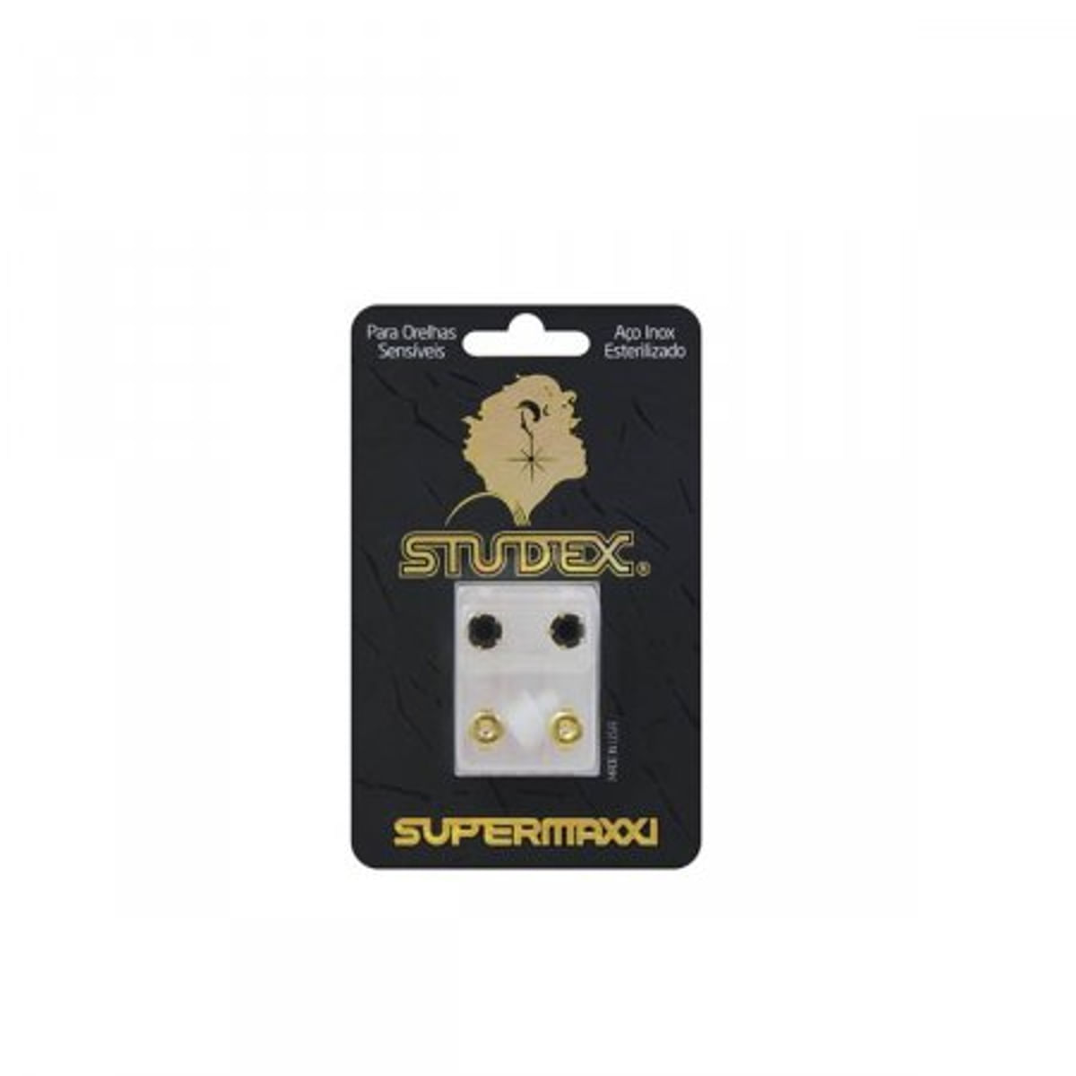 Brincos Studex Super Maxxi JetBlack Dourado 2 Pares