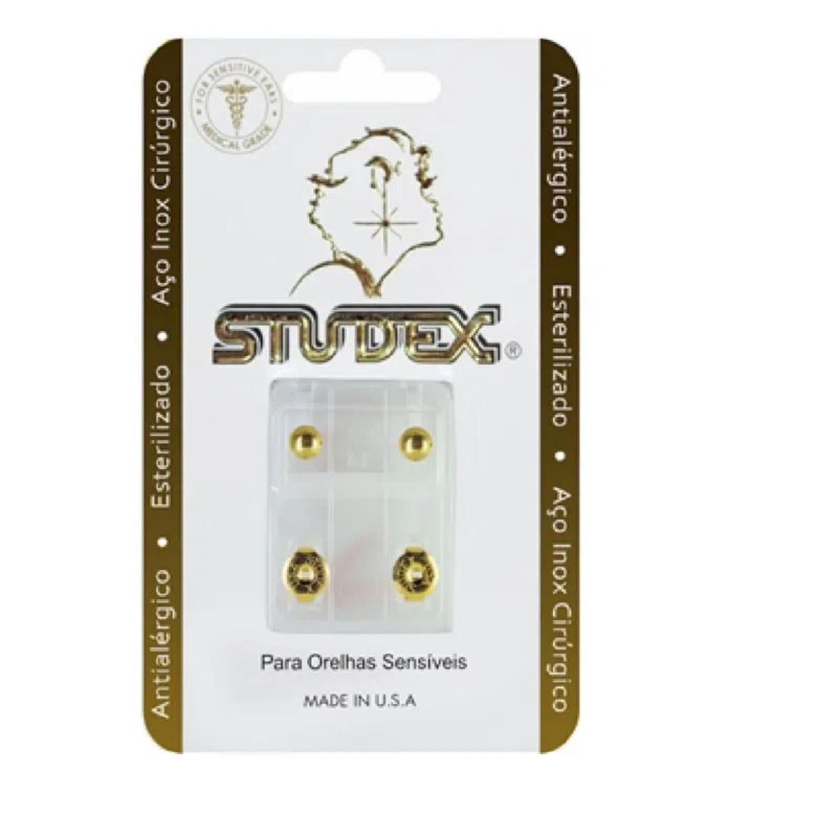 Studex Classic Brinco Bolinha Tamanho Pequeno Cor Dourado Caixa 1 Par
