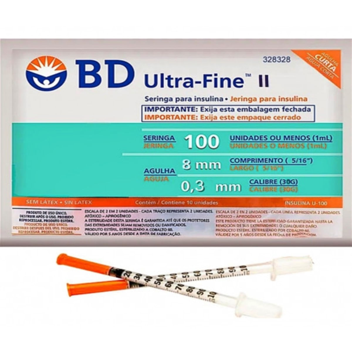 Seringa para Insulina 100 UI 1 ml 8x3 mm Agulha Curta Ultra-Fine II BD 1 unidade